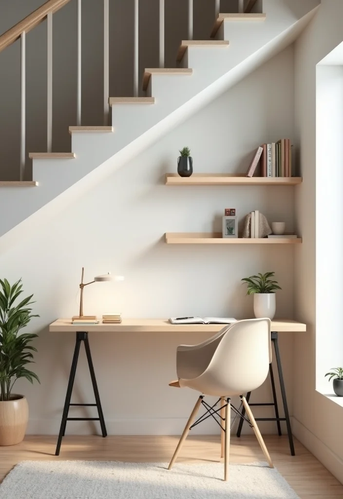 10 Office Under Stairs Ideas for Smart Hidden Workspace - 1. Minimalist Chic Desk Nook