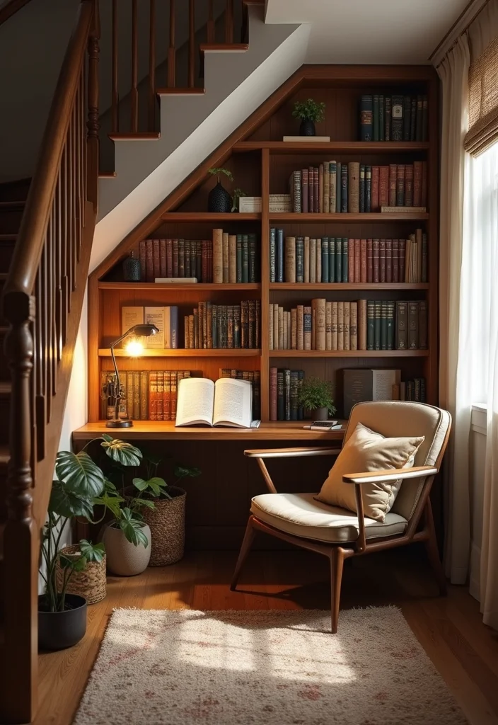 10 Office Under Stairs Ideas for Smart Hidden Workspace - 2. Cozy Reading Corner Office