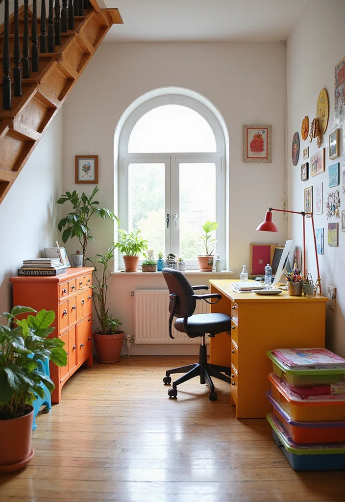10 Office Under Stairs Ideas for Smart Hidden Workspace - 3. Bright and Colorful Workspace