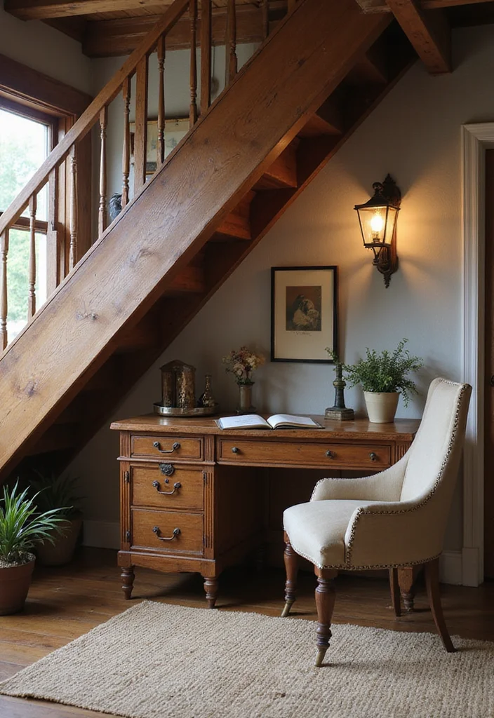 10 Office Under Stairs Ideas for Smart Hidden Workspace - 4. Rustic Elegance Office
