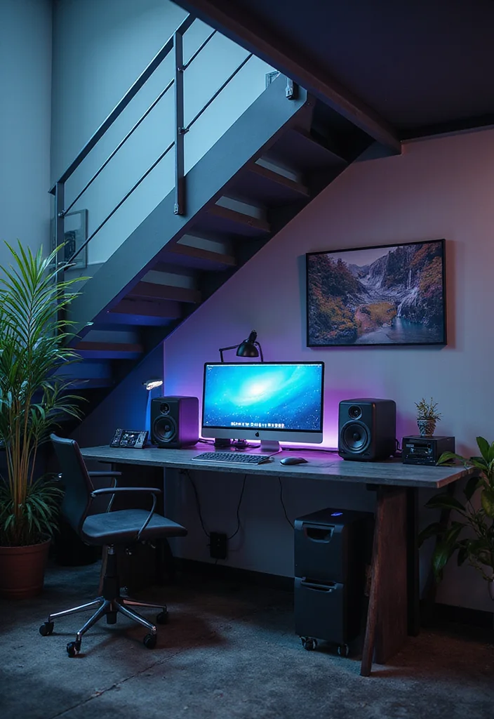 10 Office Under Stairs Ideas for Smart Hidden Workspace - 5. Tech-Savvy Workspace