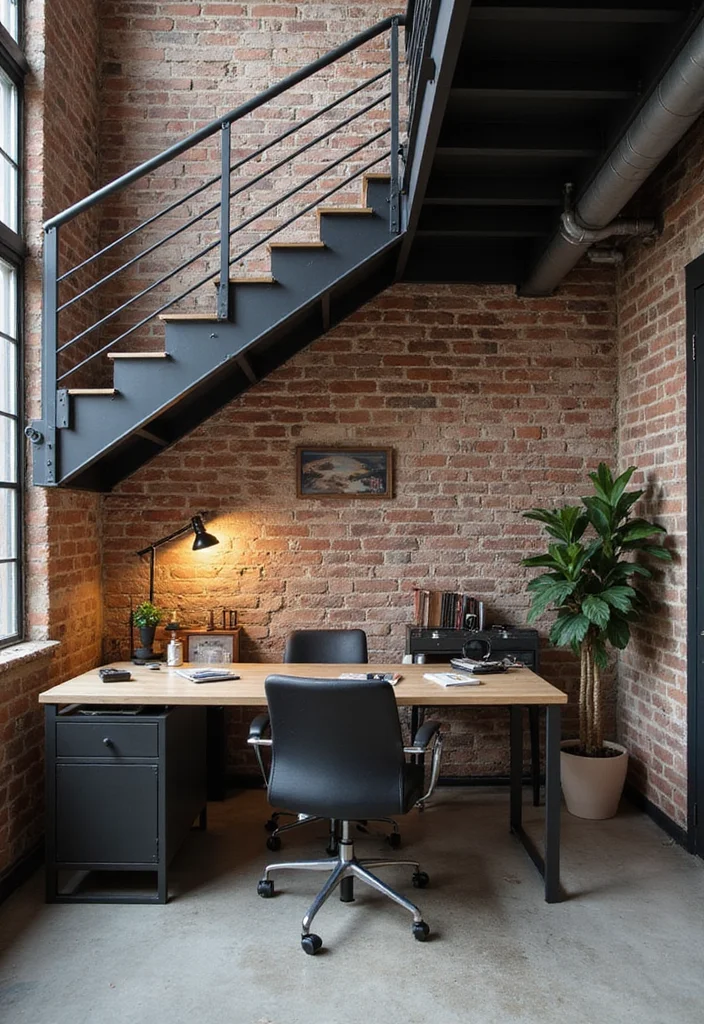10 Office Under Stairs Ideas for Smart Hidden Workspace - 7. Industrial-Style Office