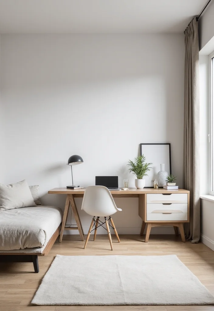 10 Office With Daybed Ideas for Flexible Guest Friendly Space - 2. Minimalist Daybed Workspace