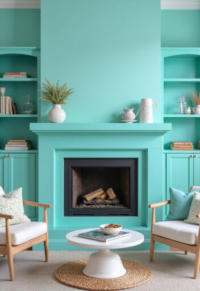 10 Painted Fireplace Ideas for Fresh Bold Transformations - 2. Bright Turquoise Pop