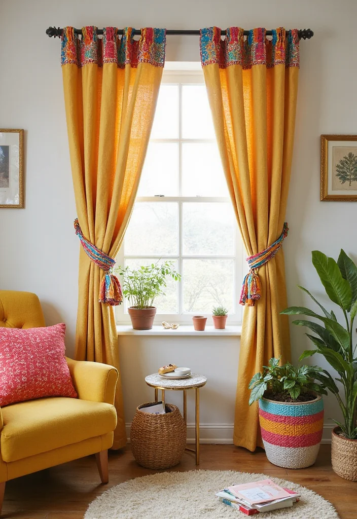 10 Small Window Curtain Ideas for Light Stylish Coverage - 8. Colorful Tie-Top Curtains for a Fun Pop