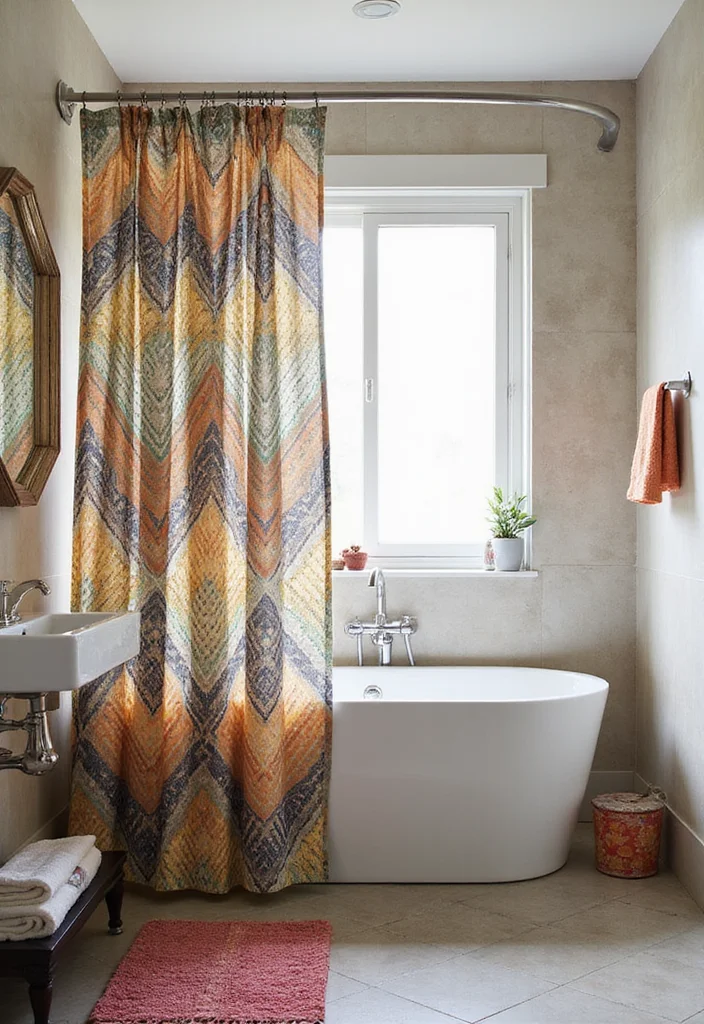 10 Tall Shower Curtain Ideas for Elegant Vertical Height - 2. Bold Geometric Patterns