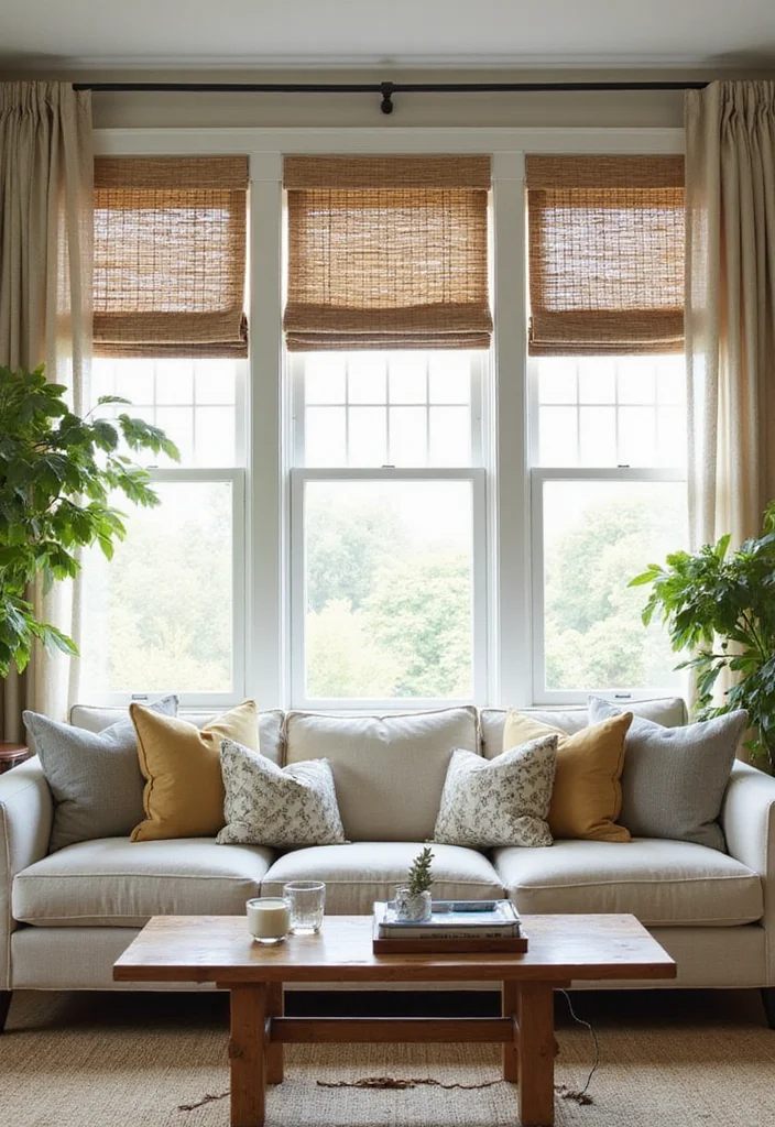 10 Three Window Curtain Ideas for Balanced Unified Style 23 10 Three Window Curtain Ideas for Balanced Unified Style - 3. Bamboo Shades for Natural Elements