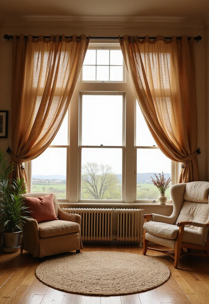 10 Three Window Curtain Ideas for Balanced Unified Style 56 10 Three Window Curtain Ideas for Balanced Unified Style - 6. Jute Curtains for a Textural Statement