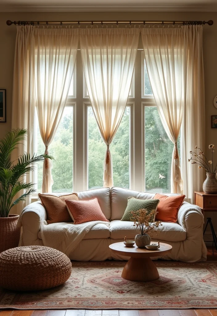 10 Three Window Curtain Ideas for Balanced Unified Style 89 10 Three Window Curtain Ideas for Balanced Unified Style - 9. Macrame Accents for Boho Charm