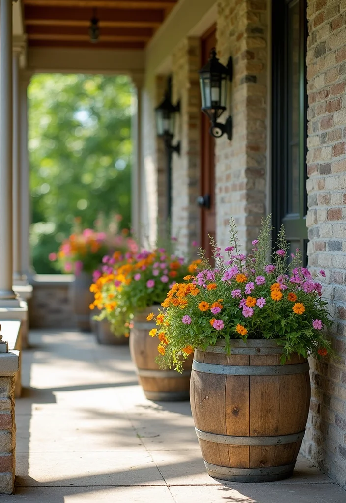 10 Uncovered Front Porch Ideas for Open Air Comfort - 2. Recycled Wine Barrel Planters: A Touch of Elegance