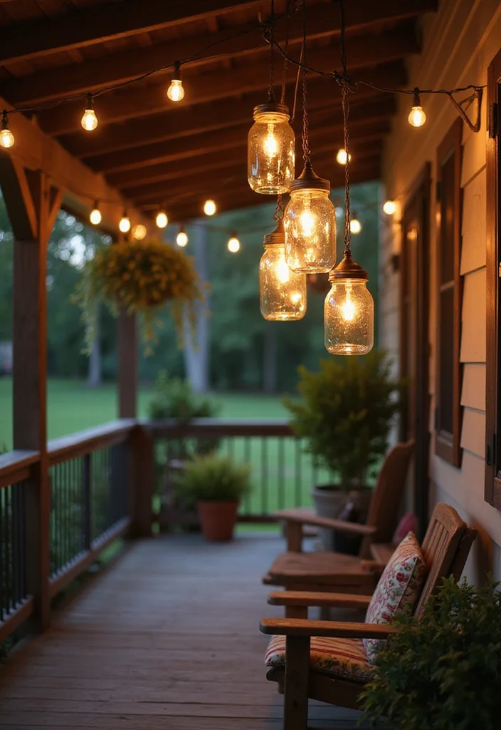 10 Uncovered Front Porch Ideas for Open Air Comfort - 3. Mason Jar Lanterns: Ambient Lighting with a Twist