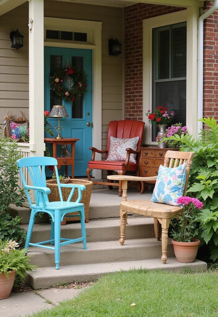 10 Uncovered Front Porch Ideas for Open Air Comfort - 4. Upcycled Furniture: Chic and Sustainable