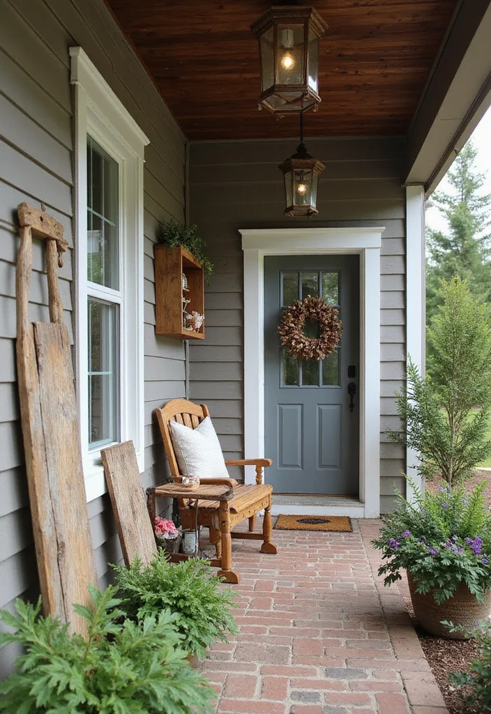10 Uncovered Front Porch Ideas for Open Air Comfort - 5. Nature’s Touch: Reclaimed Wood Decorations