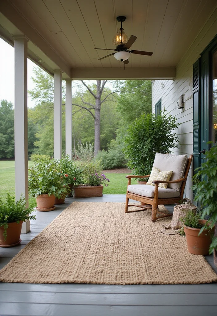 10 Uncovered Front Porch Ideas for Open Air Comfort - 6. Eco-Friendly Rugs: A Cozy Foundation
