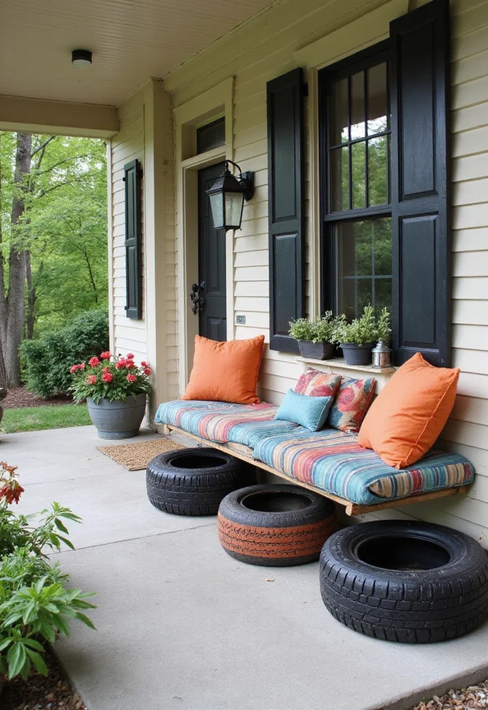 10 Uncovered Front Porch Ideas for Open Air Comfort - 9. Upcycled Tire Benches: A Unique Seating Solution