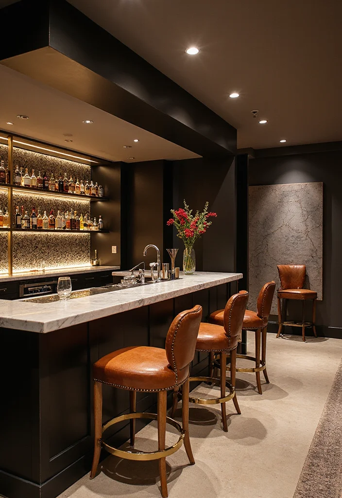 12 Bar Basement Ideas for Fun Social Gatherings - 2. Chic Modern Elegance