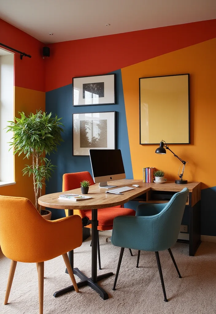 12 Basement Office Ideas for Quiet Productive Workspaces - 11. Stylish Color-Blocked Space