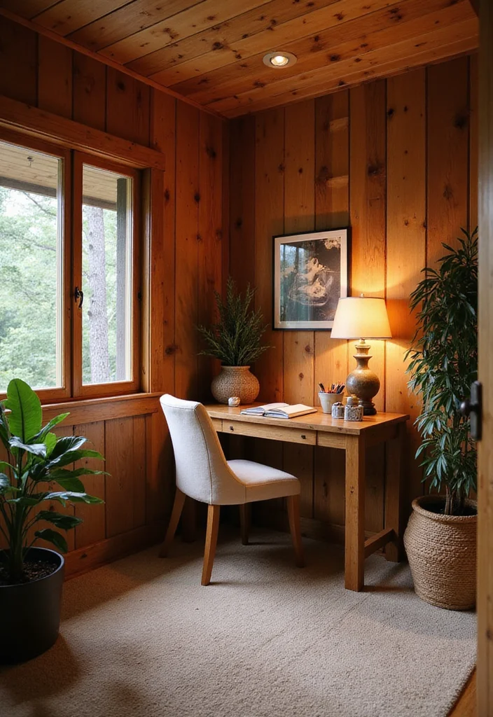 12 Basement Office Ideas for Quiet Productive Workspaces - 3. Cozy Cabin Retreat
