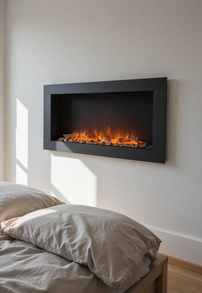12 Bedroom Fireplace Ideas for Cozy Relaxing Ambience 1 12 Bedroom Fireplace Ideas for Cozy Relaxing Ambience - 1. Sleek Wall-Mounted Electric Fireplace