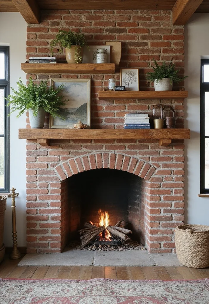 12 Brick Fireplace Ideas for Rustic Lasting Texture - 8. Farmhouse Style Shelving