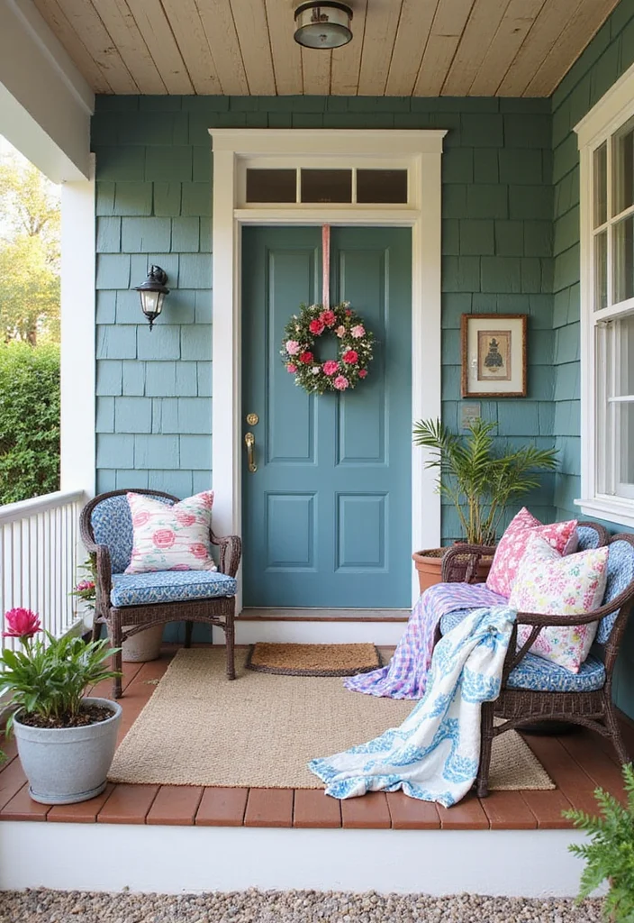 12 Coastal Front Porch Ideas for Breezy Relaxed Charm - 10. Decorative Outdoor Fabrics