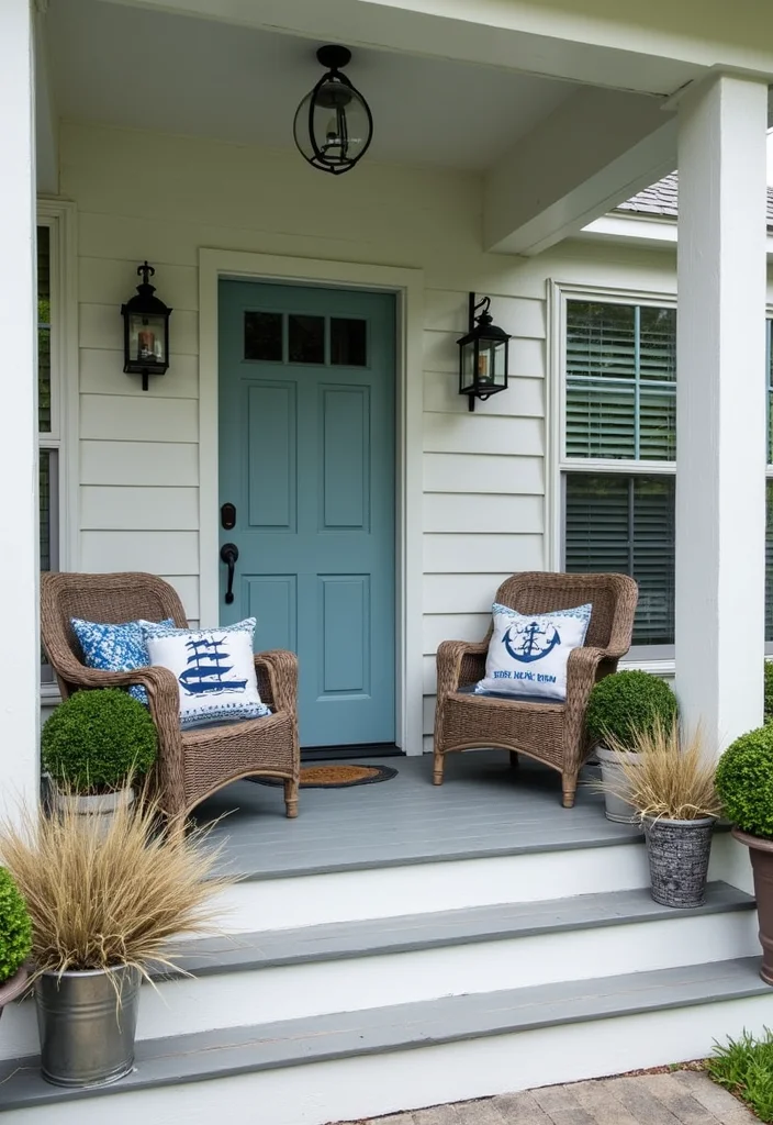 12 Coastal Front Porch Ideas for Breezy Relaxed Charm - 6. Nautical Accents and Decor