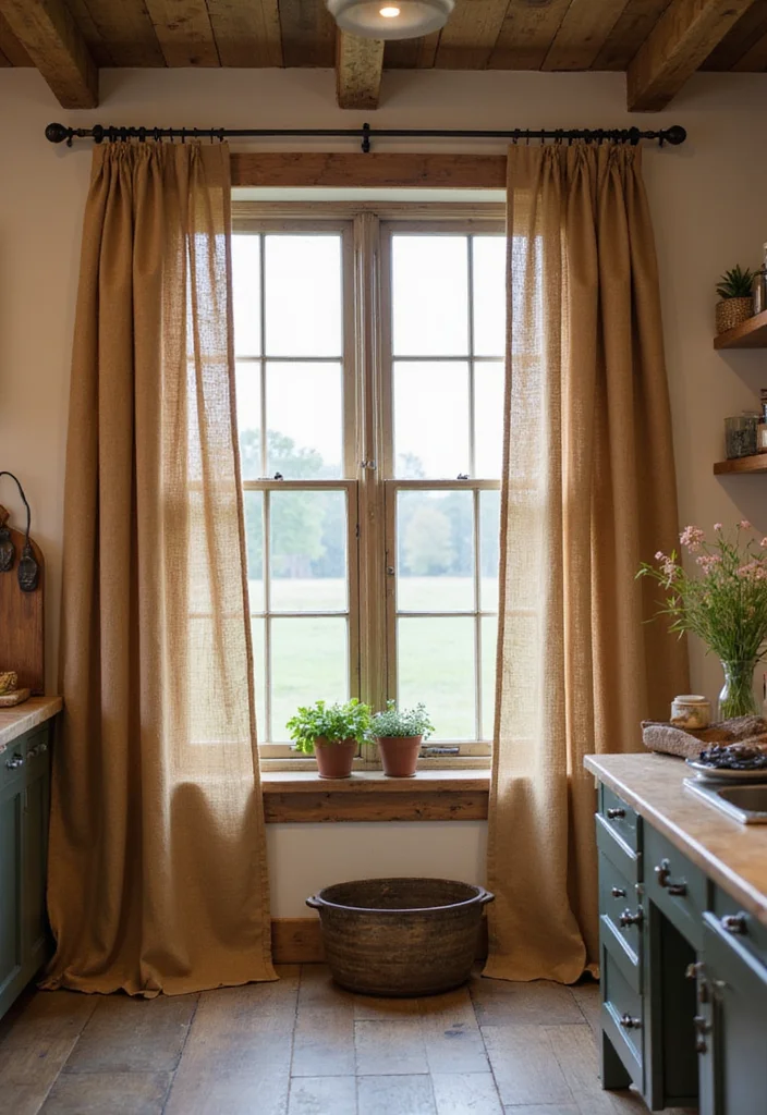 12 Farmhouse Curtain Ideas for Cozy Country Charm - 2. Rustic Burlap Drapes