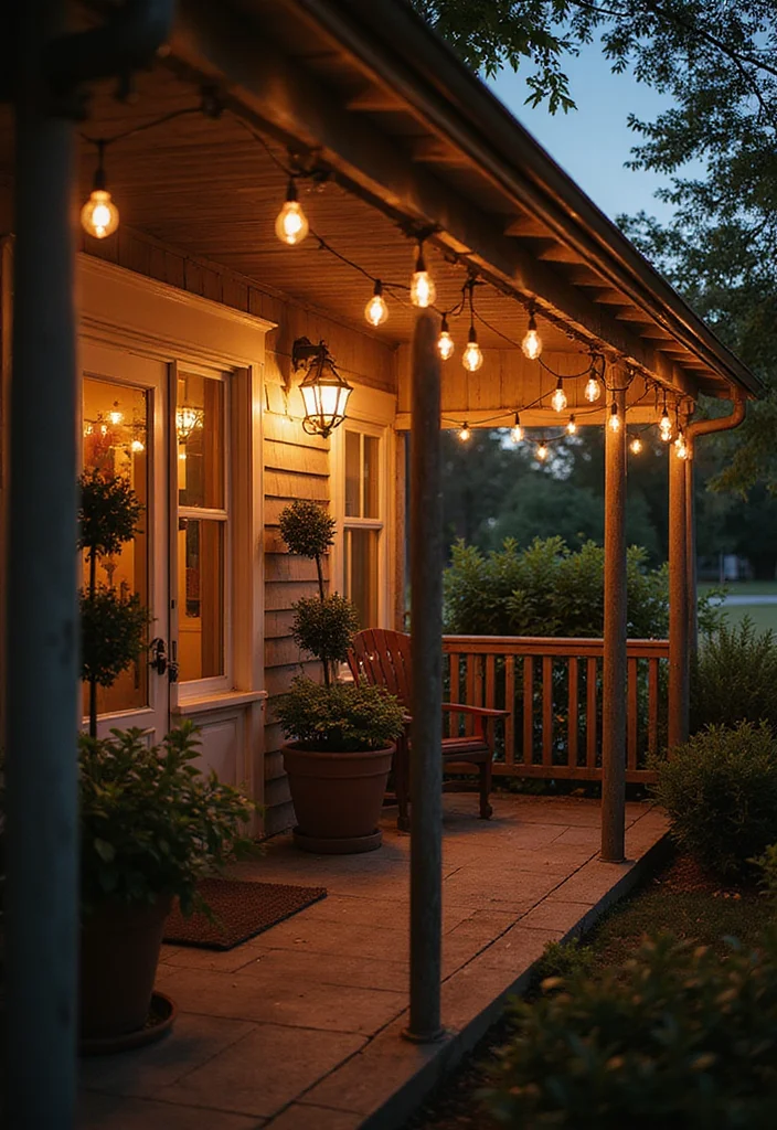 12 Farmhouse Front Porch Ideas for Warm Country Welcome - 4. Outdoor String Lights