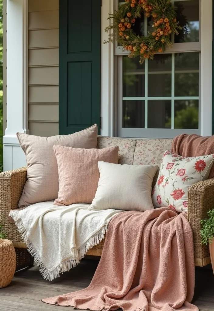 12 Front Porch Decorating Ideas for Inviting Style - 6. Cozy Blankets and Pillows