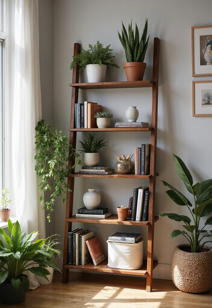 12 Office Library Ideas for Smart Stylish Book Storage - 2. Ladder Bookcase for Charm and Functionality
