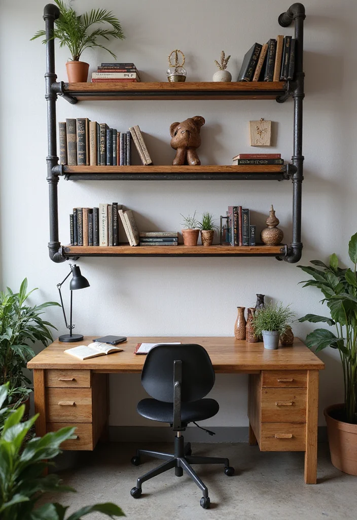 12 Office Library Ideas for Smart Stylish Book Storage - 5. Industrial Pipe Shelving for an Edgy Touch