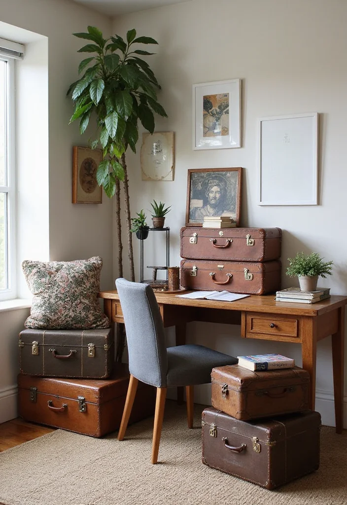 12 Office Library Ideas for Smart Stylish Book Storage - 9. Vintage Suitcases for Unique Storage