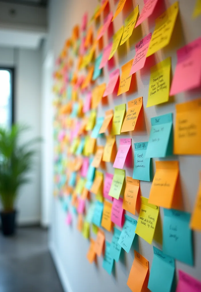 12 Office Wall Decoration Ideas for Professional Visual Interest 116 12 Office Wall Decoration Ideas for Professional Visual Interest - 12. Colorful Post-It Notes Mural