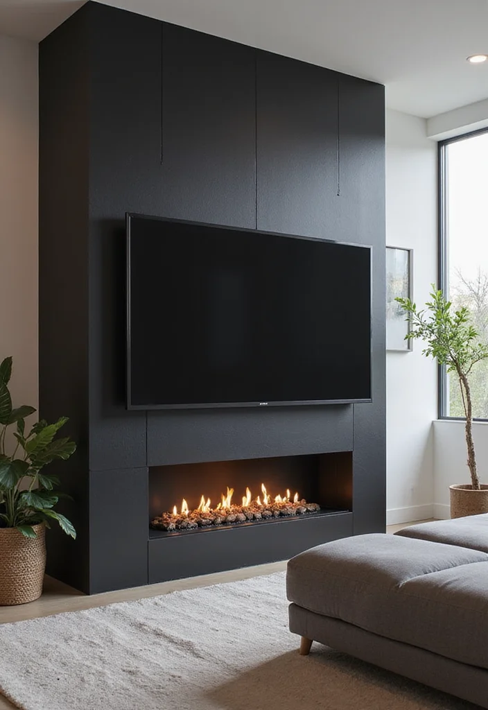 12 TV Over Fireplace Ideas for Clean Integrated Layouts - 1. Sleek Black Mantel with Built-in TV