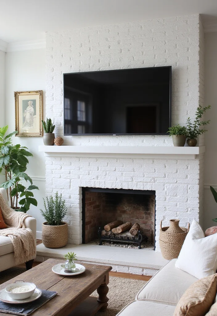 12 TV Over Fireplace Ideas for Clean Integrated Layouts - 3. White Brick Fireplace with Integrated TV