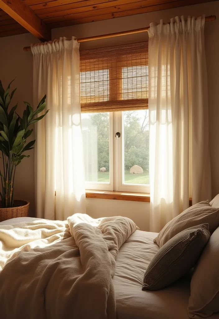 12 Window Blind and Curtain Ideas for Layered Light Control - 1. Bamboo Blinds with Sheer Curtains