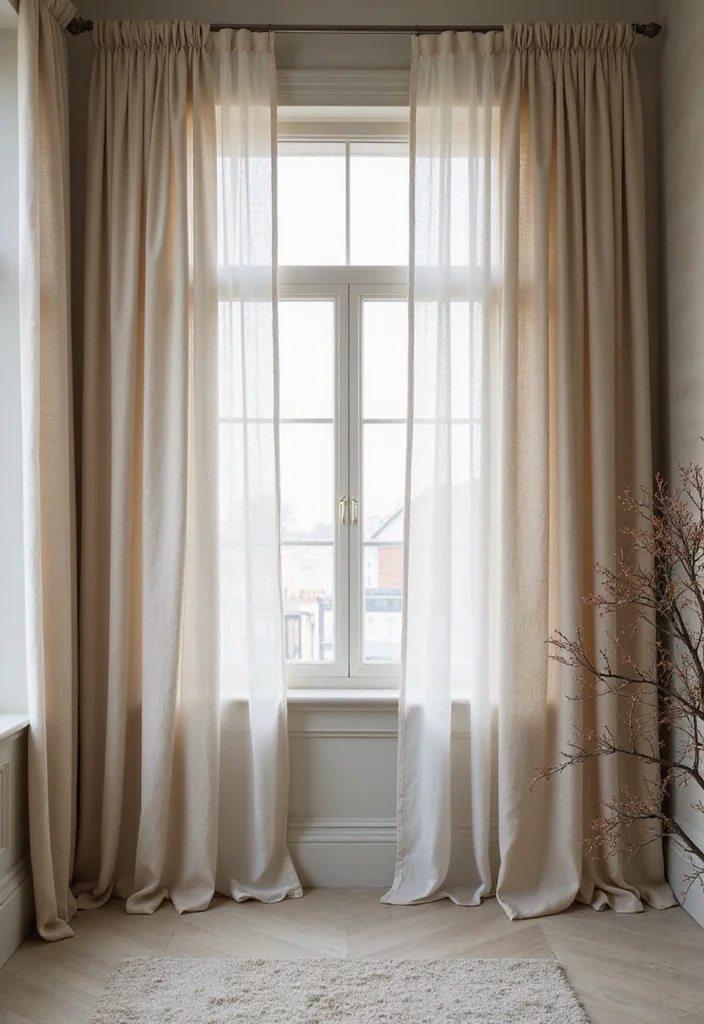 12 Window Blind and Curtain Ideas for Layered Light Control - 10. Layered Subtle Hues with Mixed Textures