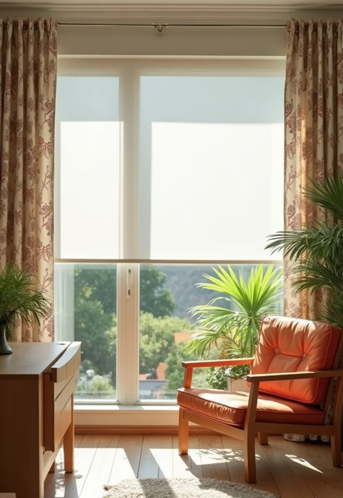 12 Window Blind and Curtain Ideas for Layered Light Control - 11. Transparent Roller Blinds with Decorative Curtains