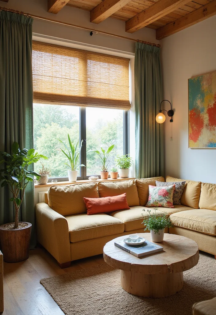 12 Window Blind and Curtain Ideas for Layered Light Control - 12. Sustainable Shades with Recycled Fabric Curtains