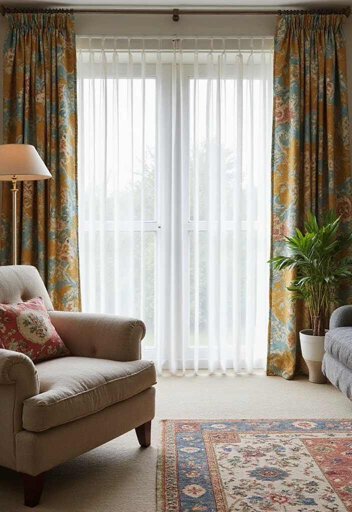 12 Window Blind and Curtain Ideas for Layered Light Control - 3. Vertical Blinds with Patterned Curtains