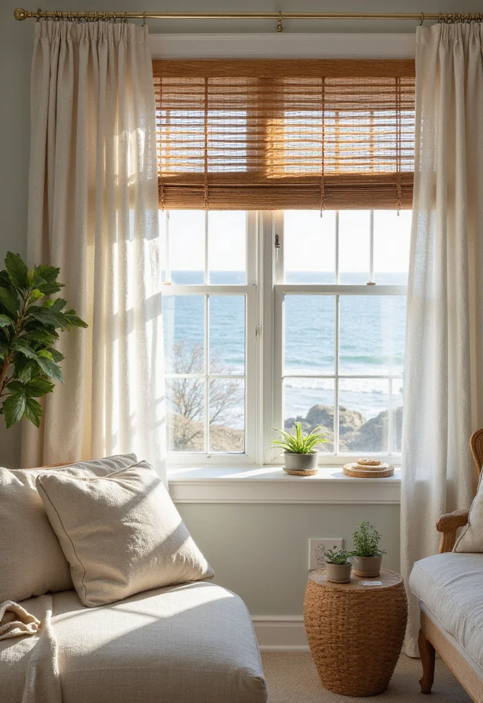 12 Window Blind and Curtain Ideas for Layered Light Control - 7. Eco-Friendly Wood Blinds with Light Linen Curtains