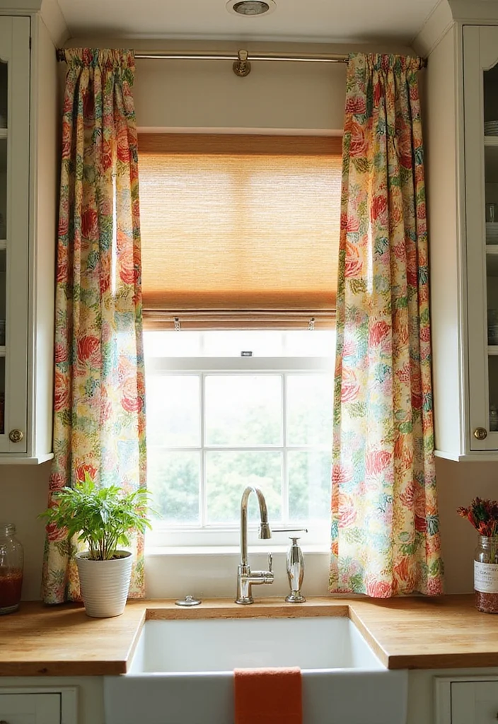 12 Window Blind and Curtain Ideas for Layered Light Control - 9. Faux Wood Blinds with Printed Canvas Curtains